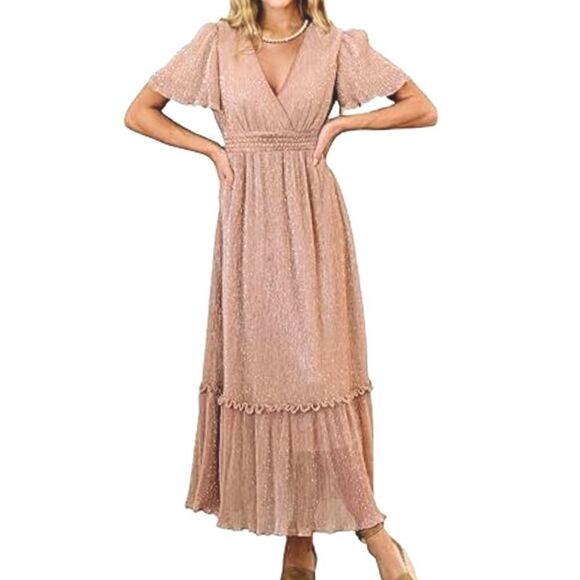 Simplee blush pink metallic sparkly glitter knit flutter sleeve long dress S - Picture 1 of 6